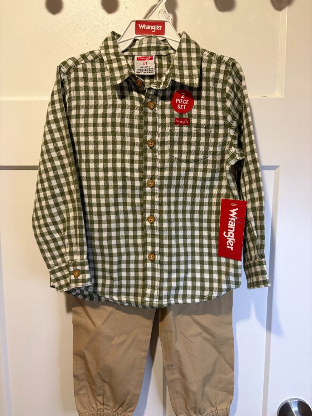Wrangler Boys 4T Green Gingham Shirt Khaki Pants 2 Piece Outfit Set NWT